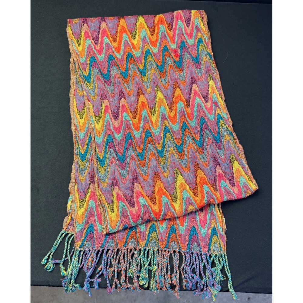 Zig Zag Knit Scarf Rainbow Chevron Multicolor Fringe Long Boho Retro Lightweight